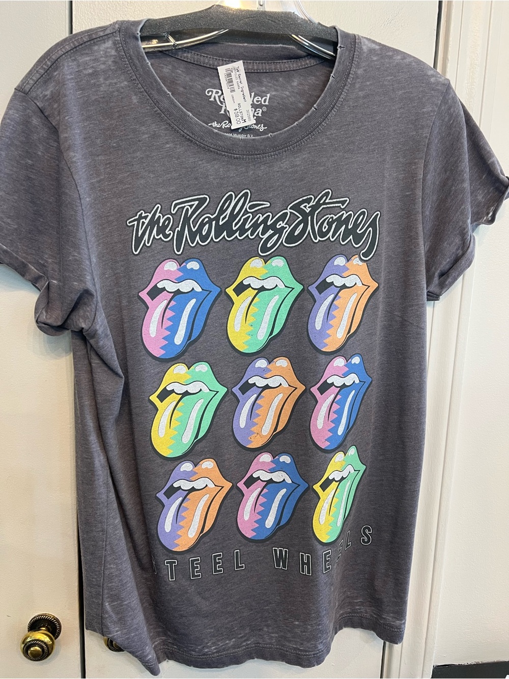 the Rolling Stones Charcoal Tee with Multicolor Tongue Graphic